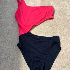 Pink and Navy One-Shoulder Swimsuit